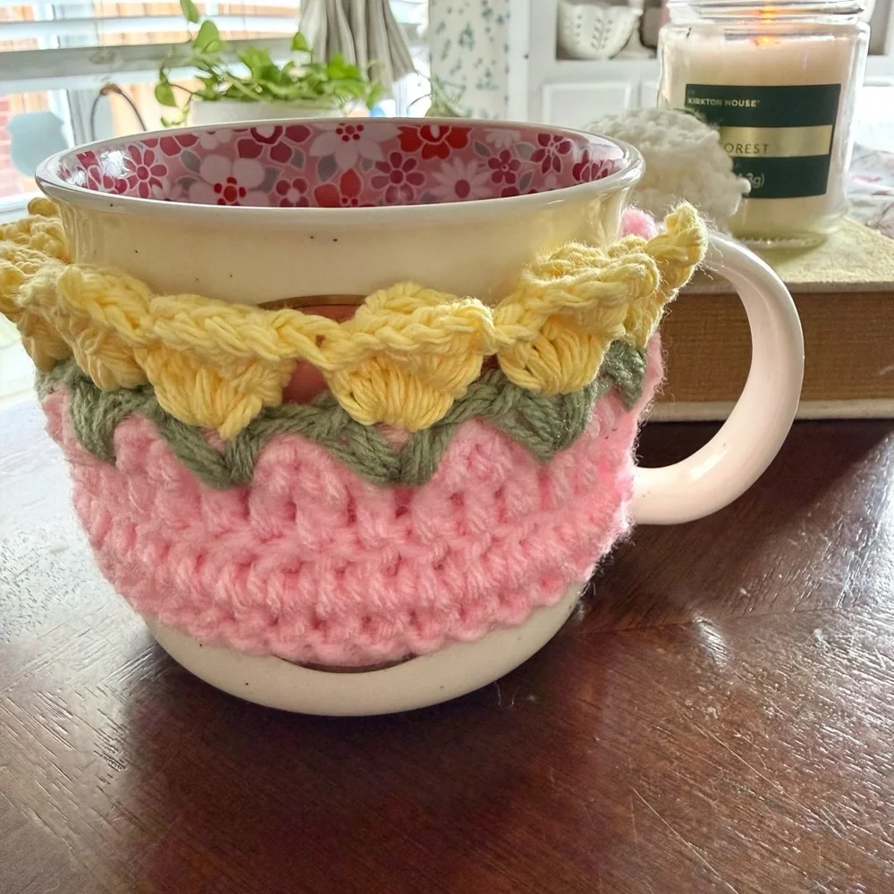 Handmade Crochet Tulip Mug Cozy - Pink & Yellow Floral Cup Sleeve